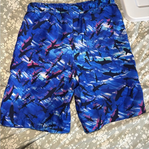 Lands End Boys Swim Trunks Blue Shark Print Volley Size XL 14-16 - Picture 2 of 5